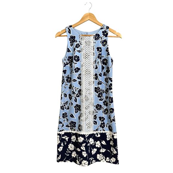 Eliza J Women's Blue Floral Print Lace Trim Sleeveless Shift Mini Dress Size 4 - Picture 1 of 6